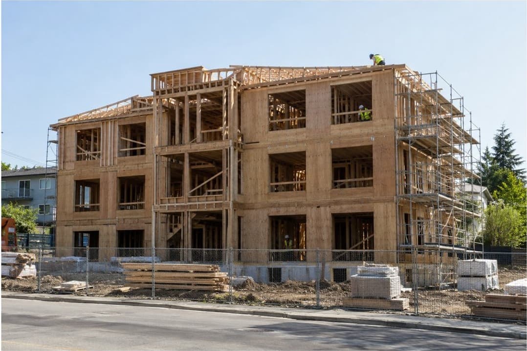 Multifamily new construction framed and under scaffolding