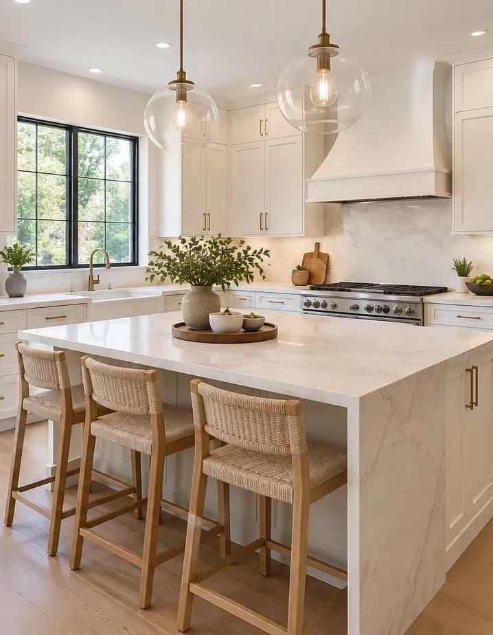 Kitchen after renovation: white cabinets and marble waterfall island