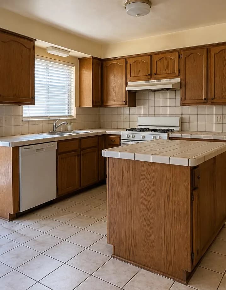 Kitchen before renovation: oak cabinets and tiled countertops
